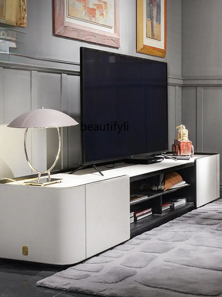 yj Italian Minimalist TV Cabinet and Tea Table Combination Light Luxury Saddle Leather Hard Bag Audiovisual Cabinet