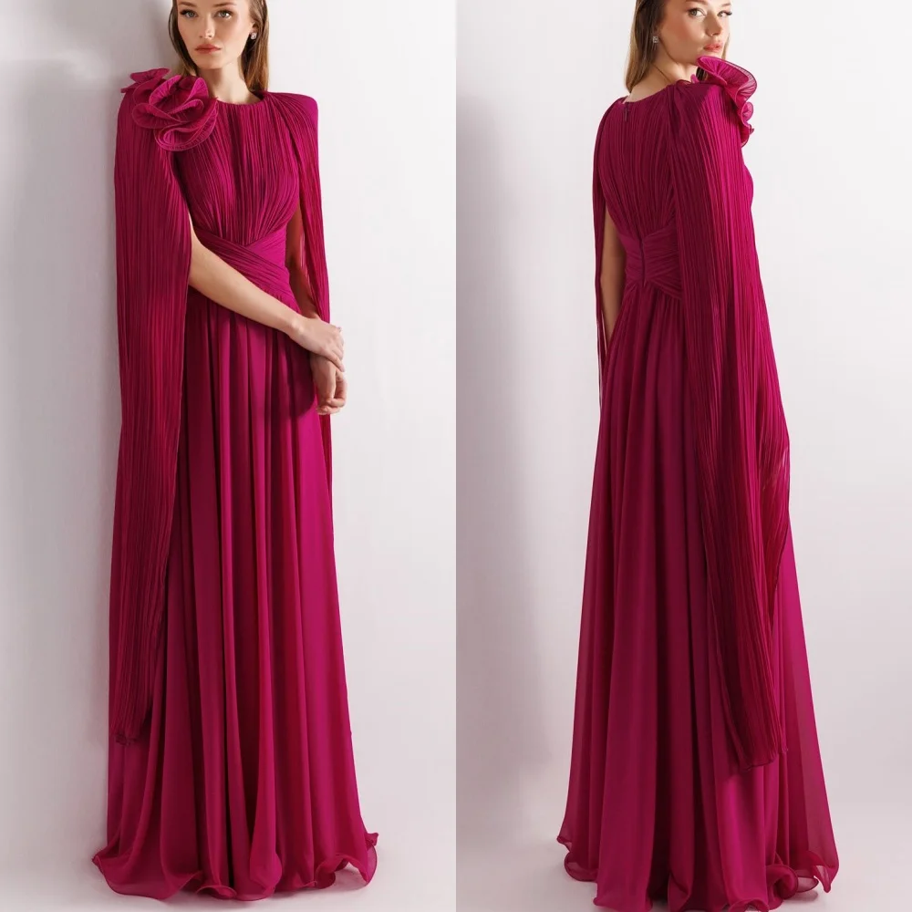 

Customized High Quality Classic Chiffon Handmade Flower Pleat Straight Scoop Neck Long Dresses Bespoke Occasion Dresses Elegant