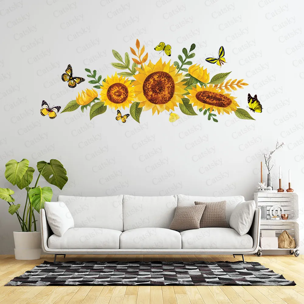 Sunflower & Butterfly Pattern Wall Decoration Self Adhesive Waterproof Vinyl Wallpaper Bedroom Housewarming Gift for Friend