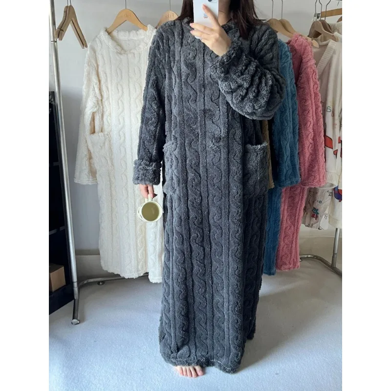 Thickened Warm Plus Size Ladies Pyjamas Flannel Winter Striped Coral Velvet Long-Sleeved Nightwear Bathrobe One Piece Pajamas