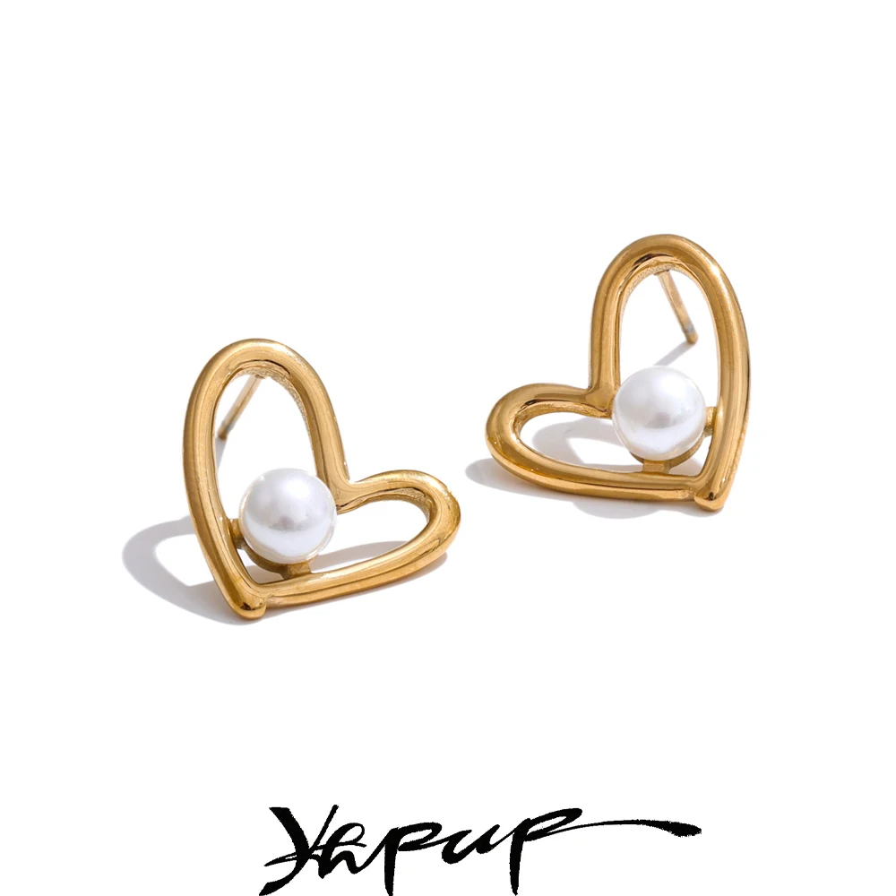 Yhpup Trendy Imitation Pearls Hollow Heart Love Stud Earrings for Women Elegance Stainless Steel Charm Romantic Jewelry