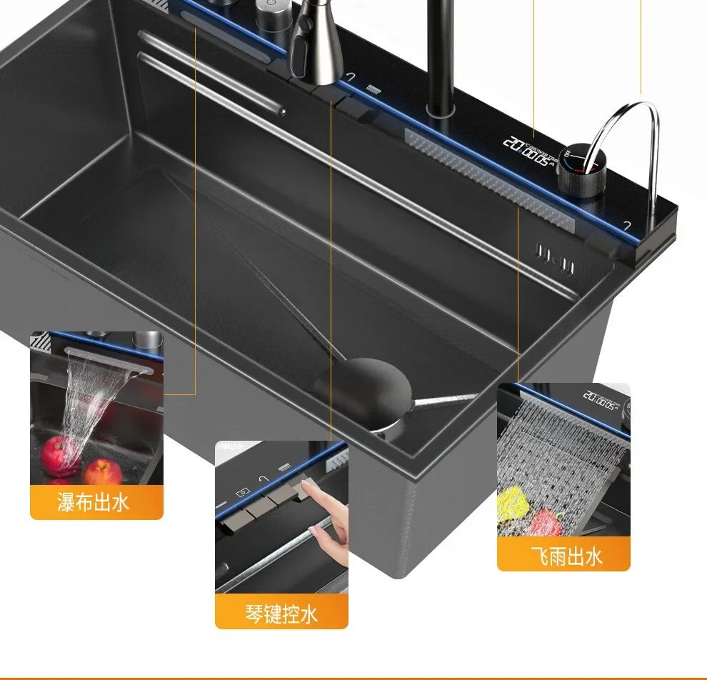 Stainless steel large single slot multi-functional digital display dishwasher vegetable basin