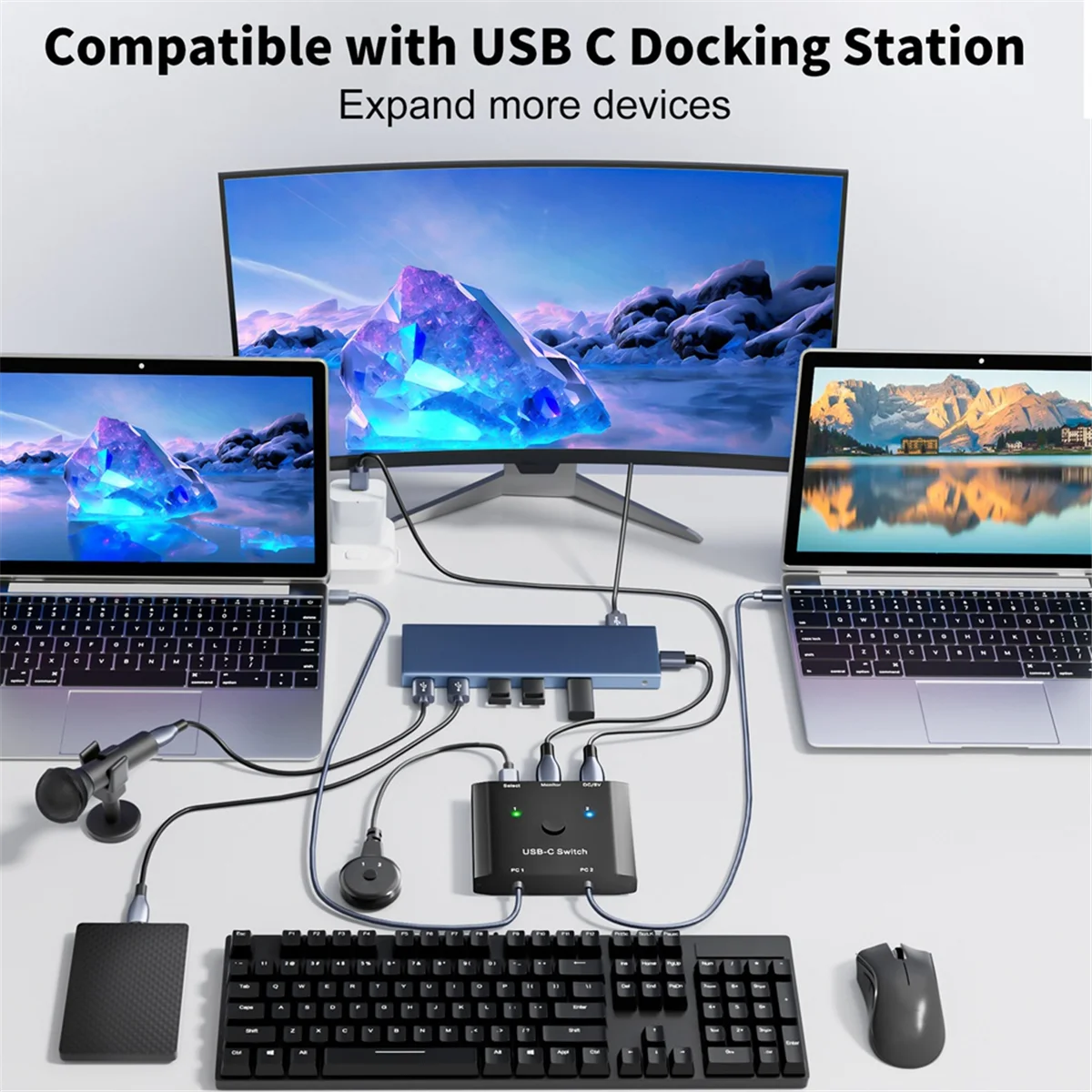 ABJZ جديد 8K USB C KVM التبديل USB3.1 Type-C الفاصل كابل للفيديو 8K @ 30 هرتز 4K @ 120 هرتز PD 100 واط 10Gbps نقل البيانات