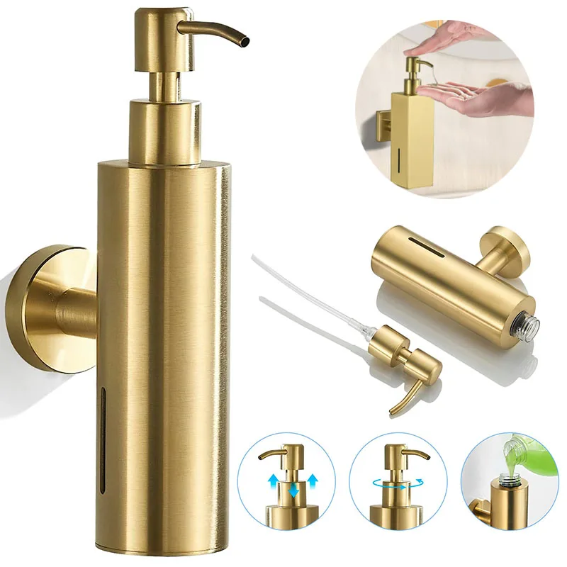 

Ручной дозатор мыла из матовой нержавеющей стали, 220 мл, настенный золотой, черный квадратный круглый дозатор мыла для отелей, ванных комнат