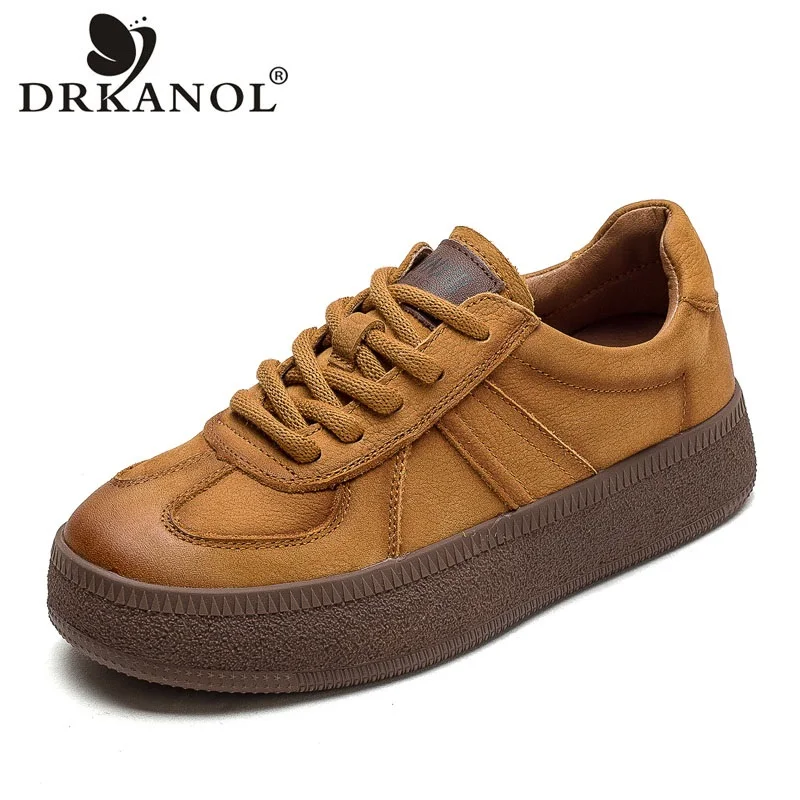 DRKANOL Fashion Women Flat Platform Shoes Autumn Lace-Up Chunky Sneakers Handmade Genuine Leather Versatile Board Shoes H107J