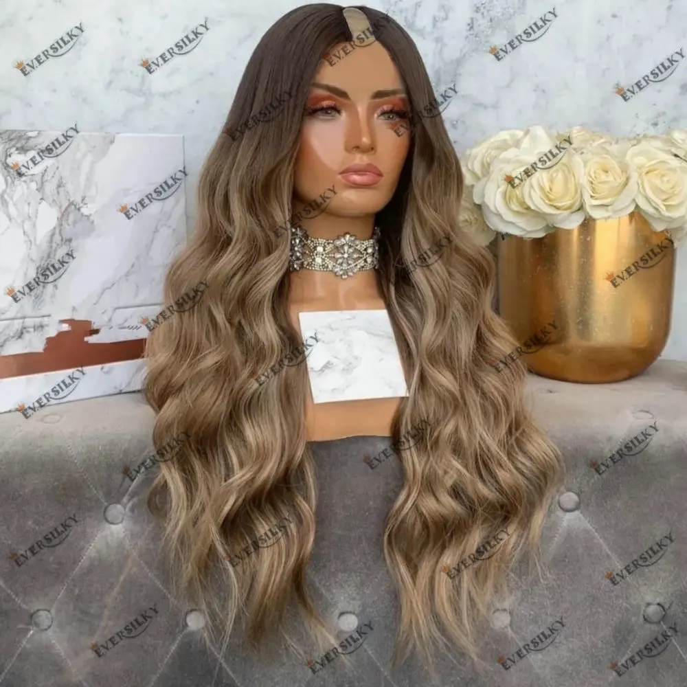 Ombre Ash Blonde 1x4 Size Middle V Part Wigs Human Hair for Women Hightlight Colored Easy Daily Wear U Part Wigs Human Hair