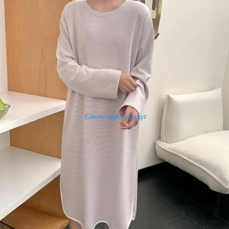 090B ثوب نوم مخطط حراري للأمهات نسيج أكريليك ناعم فضفاض مناسب للتنفس ملابس نوم للحمل لراحة الشتاء #5