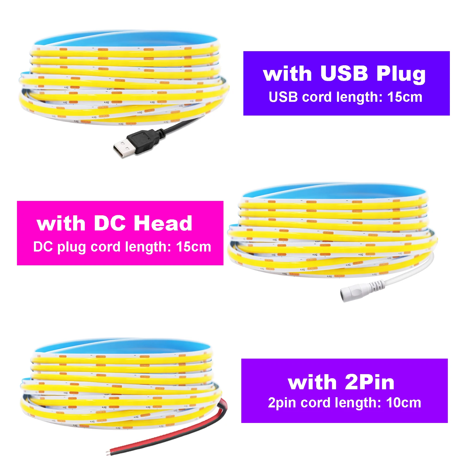 DC5V COB Led Strip Light 320LEDs/m Linear Lighting Flexible Tape Warm/Natural/White/Red/Blue/Green/Pink/Yellow 1m 2m 3m 4m 5m