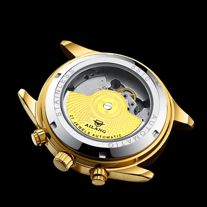 AILANG Top Brand Luxury Tourbillon Mechanical Watches Men Watch Luminous Weekly Calendar Display Gold Plated Dial 30M Waterproof