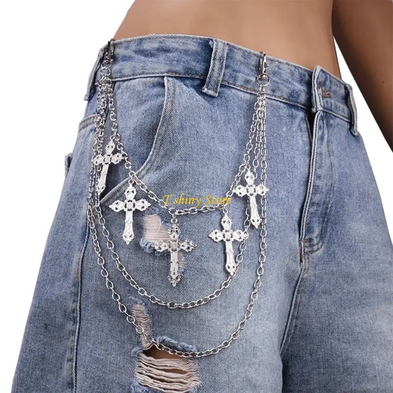 

N58F Punk Jeans Pants Chain Multi Layer Chain Punk Crosses Charm Waist Wallet Chain Harajuku Belt for Hip Hop Dancers