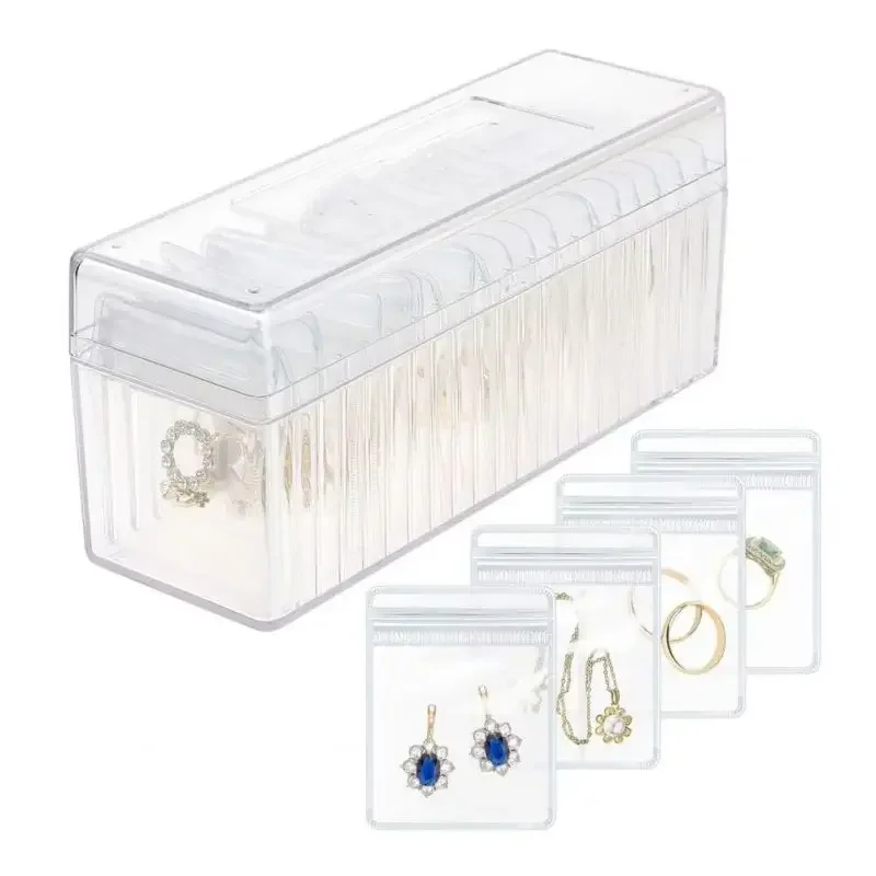 Acrylic Jewelry Box Organizer With 20 Portable Anti Tarnish Jewelry Bags Transparent Waterproof Earring Jewelry Storage Box
