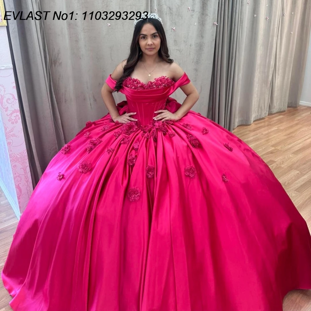 

EVLAST Customized Princess Pink Quinceanera Dress Ball Gown Floral Applique Beading Bow Sweet 16 Vestidos De 15 Anos E1QN702