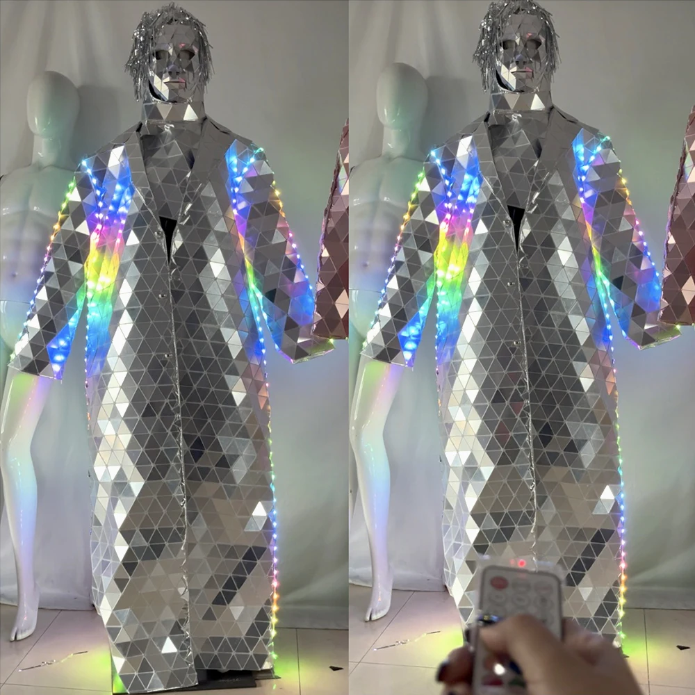 

Silver Trench Coat Mirror LED Jacket Mask Male Wig Set Mens DJ Party Performance Show Dance Party Mardi Gras Party Costume