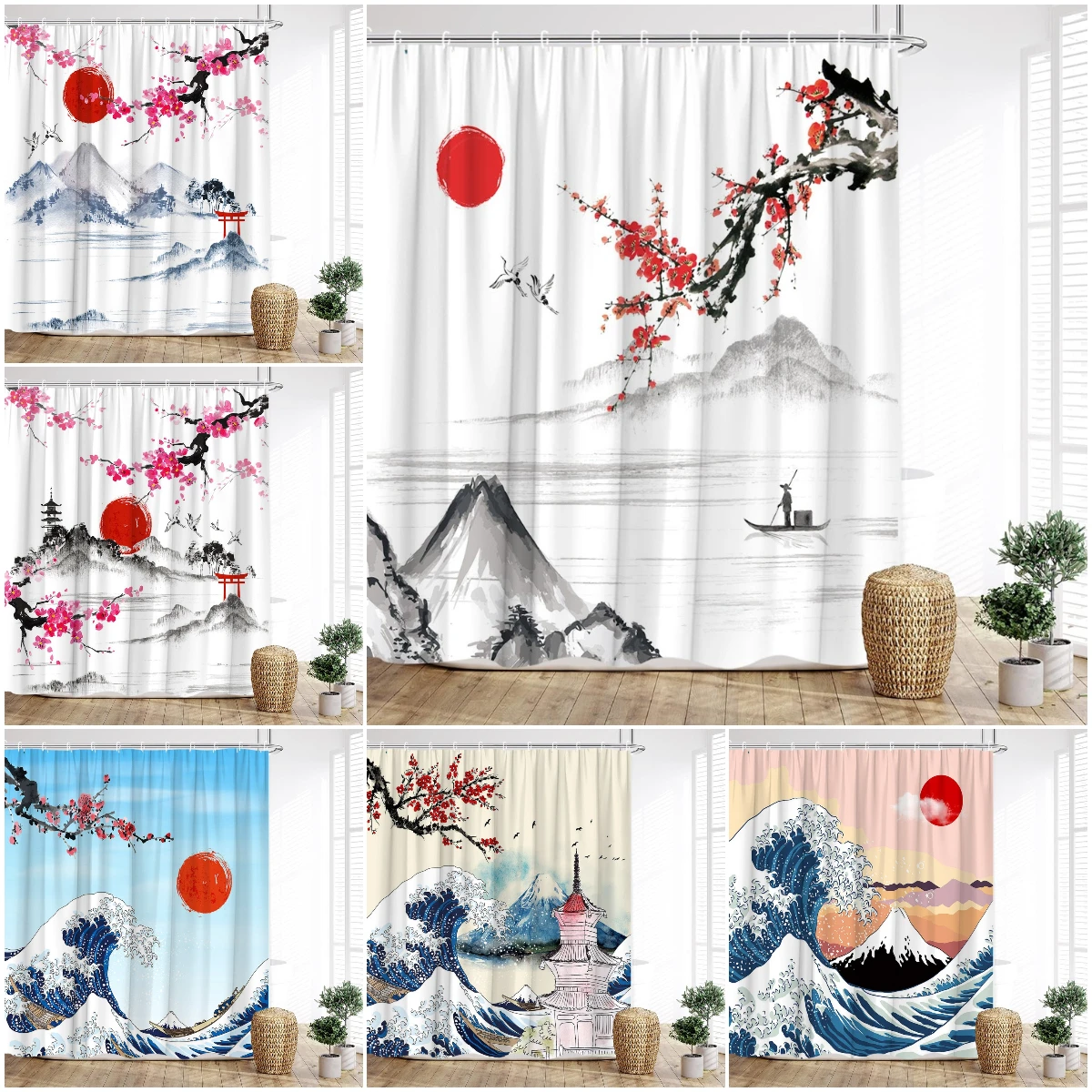 

Japanese Shower Curtain, Traditional Ink Painting Red Sun Bamboo Mount Fuji Ocean Waves Cherry Blossom Bathroom Decoration Set