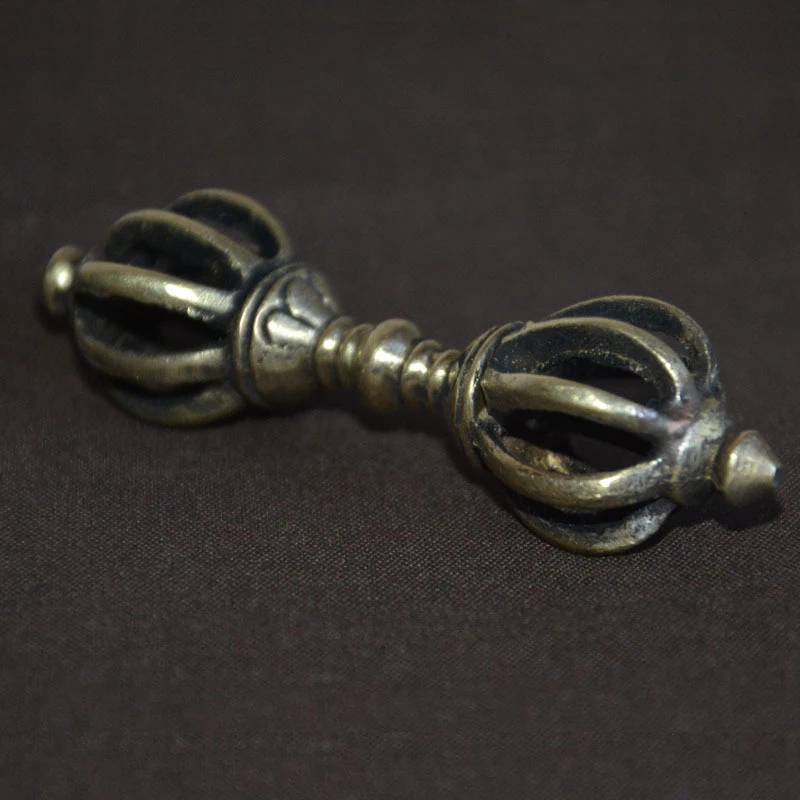 cultural items: Tibetan five- vajra scepter made of copper, handmade in Nepal, nine-pronged ritual instrument, sm