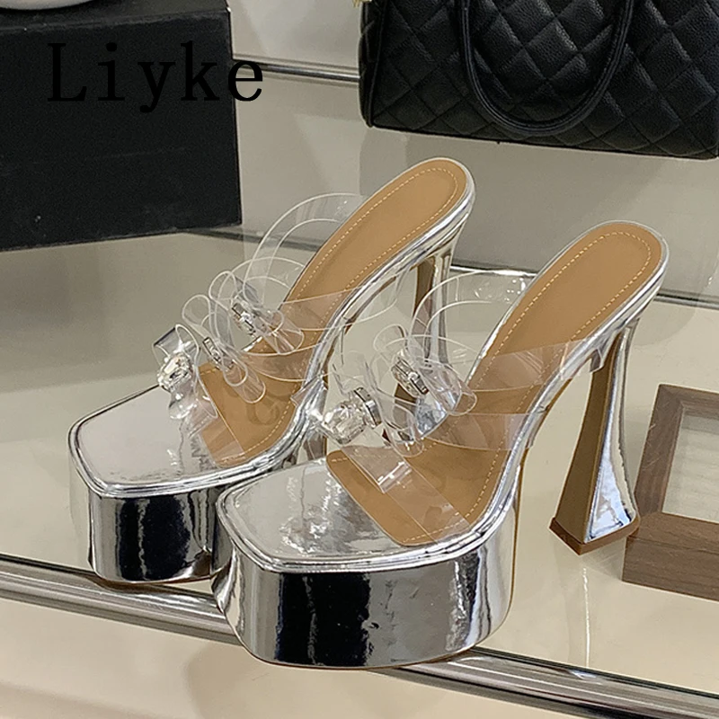 

Сексуальные серебряные туфли-слиперы Liyke Street на высоком каблуке для женщин, прозрачные туфли с бабочкой из ПВХ и стразами, сандалии на массивной платформе для женщин
