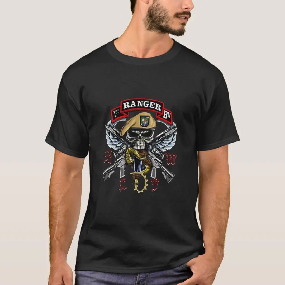 Forças Especiais do Exército dos EUA 1o Batalhão de Ranger Asas Boina Crânio Camiseta 100% Algodão O-pescoço Manga Curta Verão Casual Camiseta Masculina