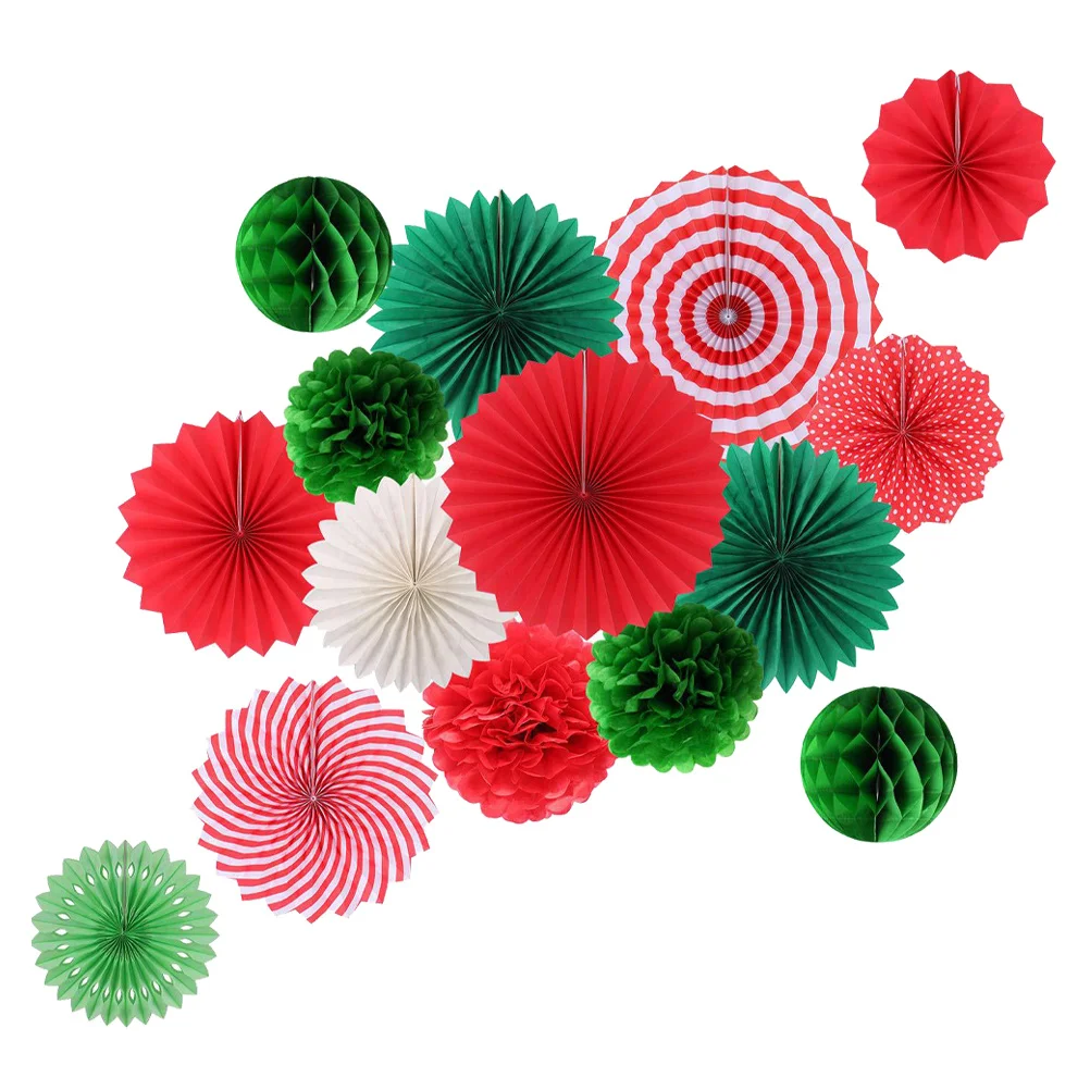 

15Pcs Christmas Party Decorations Set Includes Paper Fans Honeycomb Balls Festive Theme for Indoor Outdoor Events Photo
