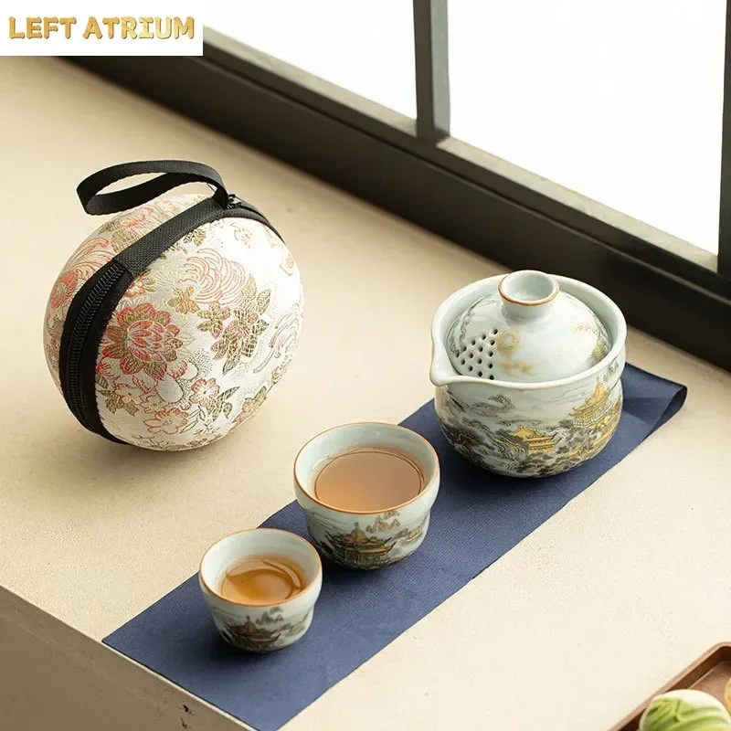 Imitation Song Ru Kiln Qiongtai Yunge Gourd Travel Set High-end Portable Ceramic Teapot Light Luxury Kung Fu TeaSet Combination