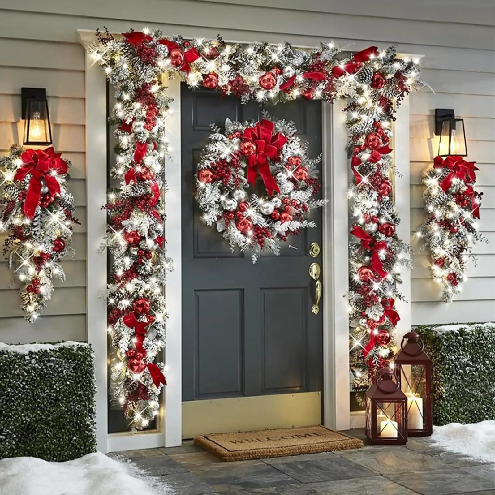 Christmas 4-Piece Set: Garland, Wreath, 2 Entrance Upside Down Trees - White Hanging Door Frame Decorations for Home