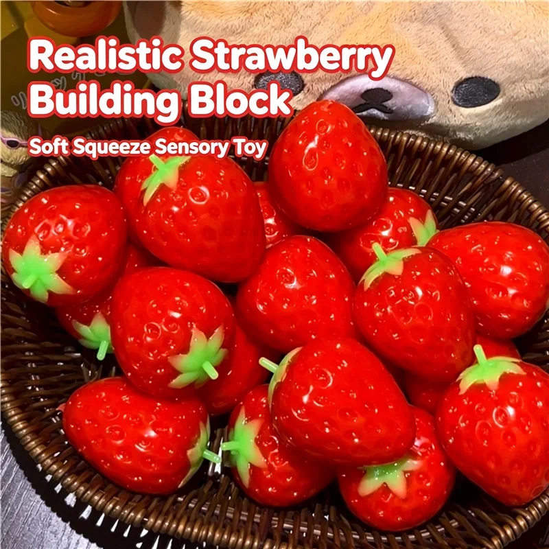 Jouet sensoriel anti-stress en forme de bloc de construction, simulant une fraise à presser, avec son ASMR croquant, jouet moelleux pour le soulagement du stress, cadeau pour TDAH.