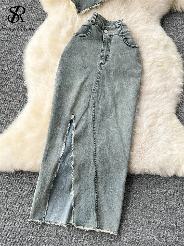 SINGREINY Streetwear Irregular Design Denim Two-piece Set Strapless Button Ruched Top+High Waist Pocket Split Skirt Fashion Suit - Image 5