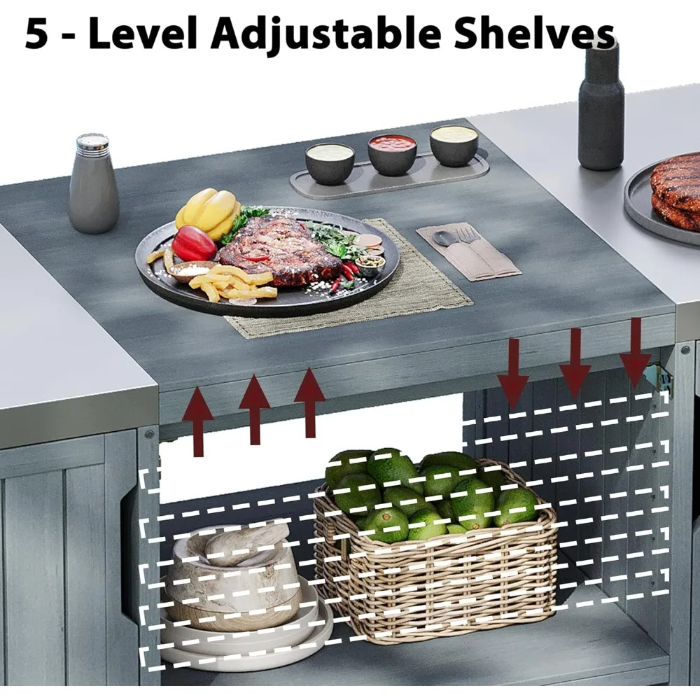 Buitenkeukeneiland voor grote groene eiergrills, 66,5 inch massief houten buitengrilltafel met roestvrijstalen blad, rollende keuken