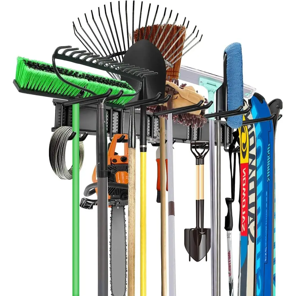 

Прочная настенная полка для хранения швабр, метлов и садовых инструментов, вмещает 300 фунтов