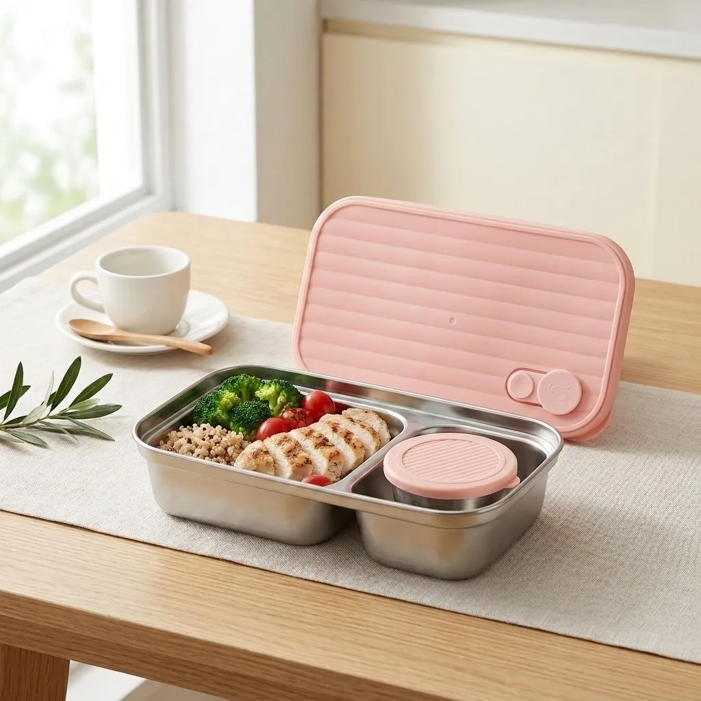 304 Stainless Steel Kids Bento Lunch Box Leakproof 1/2 Compartment Divided Food Storage Container with Sauce Box Microwavable