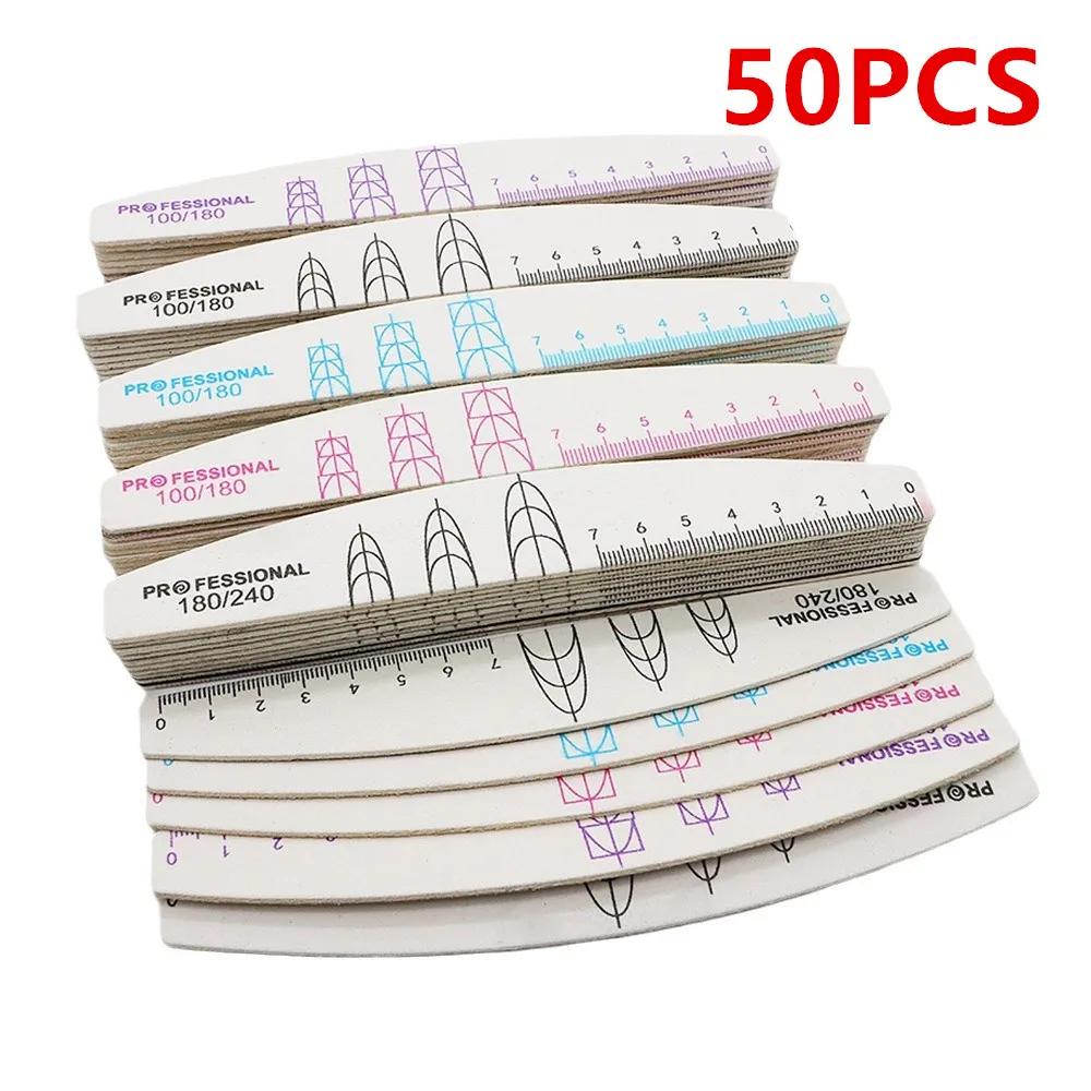 

50 Pcs 100/180 Grit Nail Files for Salon Professional Double Sided Fingernail File with Extension Nail Measurement Scales