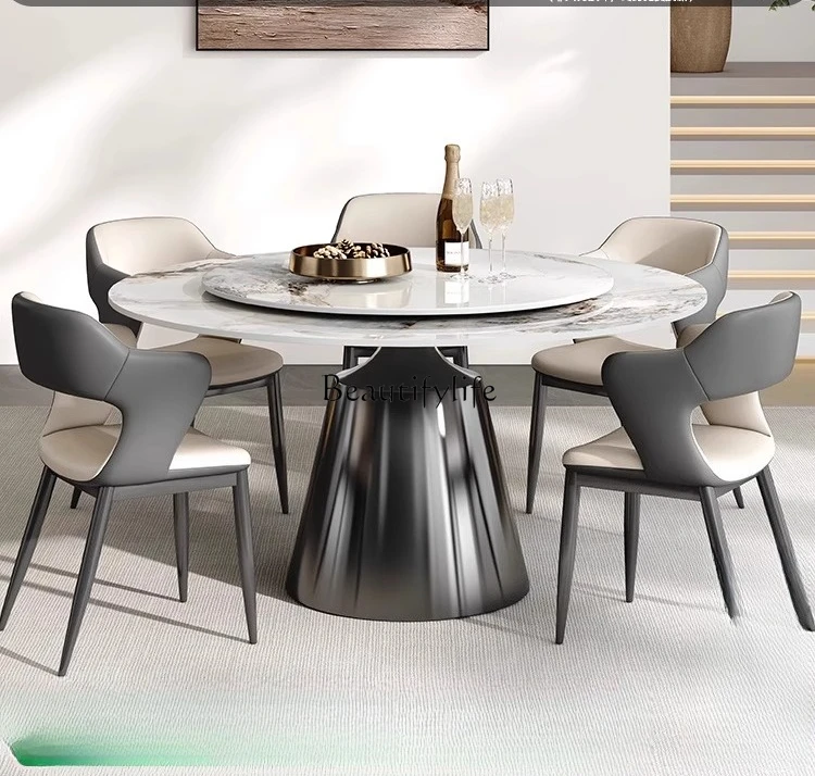 

Round rock slab dining table Italian light luxury modern simple high-end dining table with turntable