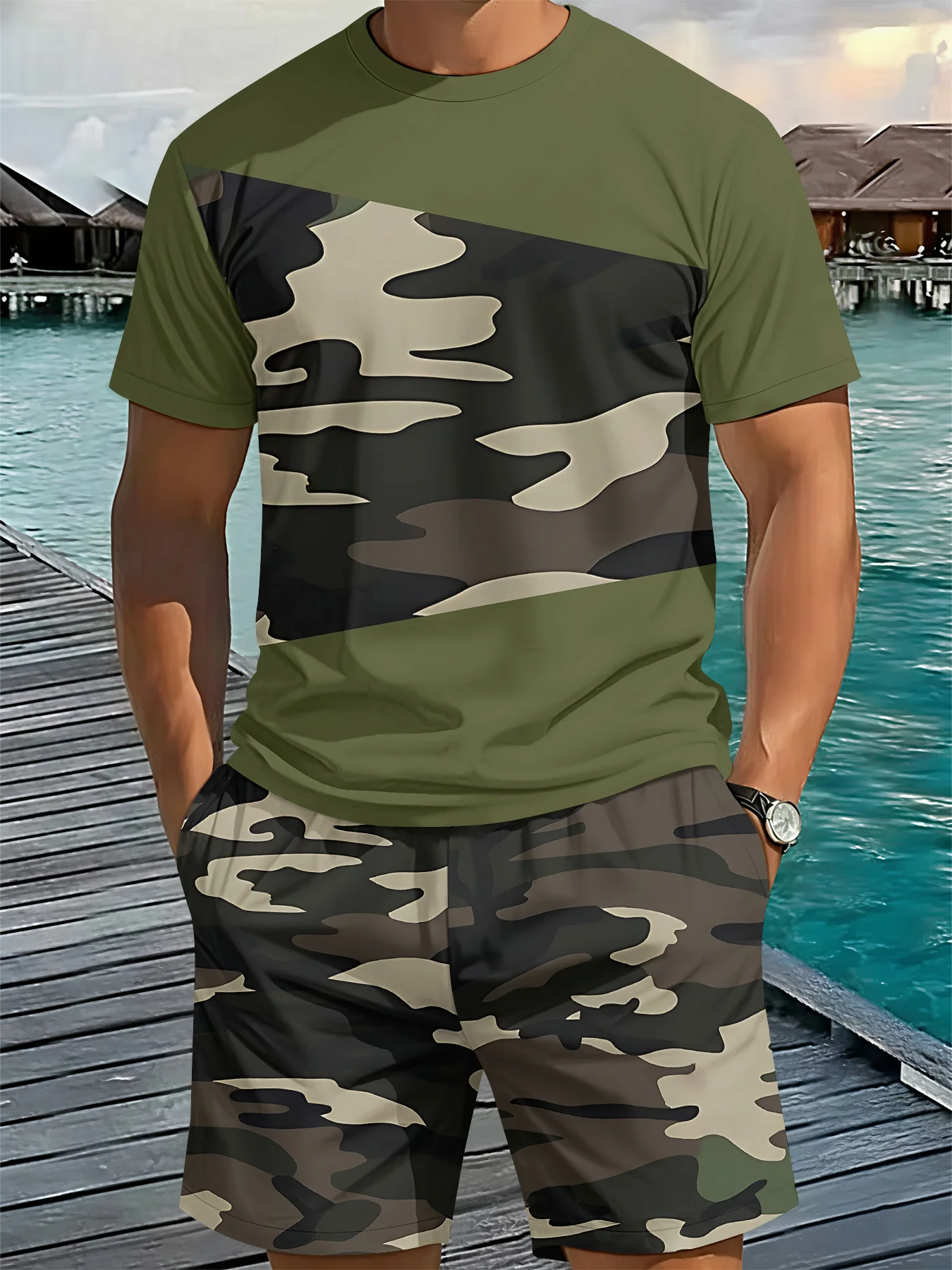 Conjunto de Camiseta Deportiva de Verano para Hombre, Camuflaje 3D, Secado Rápido, Cuello Redondo, Manga Corta, para Senderismo, Camping y Caza