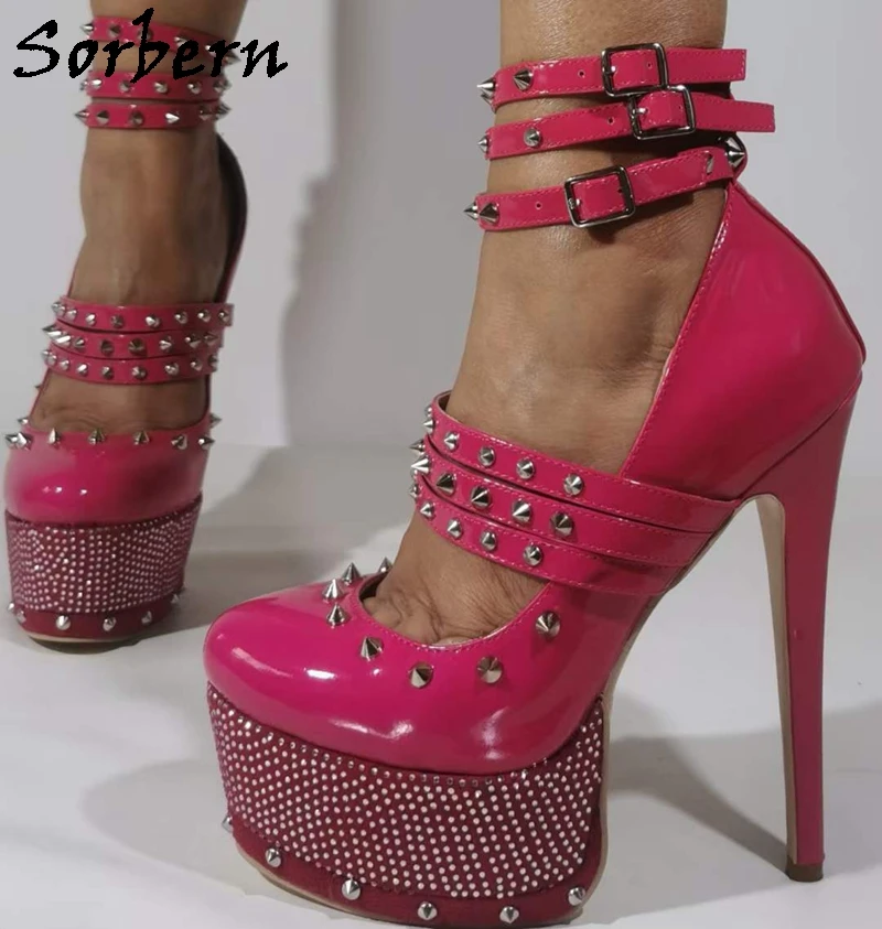 Sorbern Punk Rivets Ankle Straps Women Pump Crystal Sparking Platform Shoes Stilettos Covered Heeled Mary Janes Heeled Custom