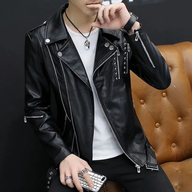 2024 Spring and Autumn Men\'s Leather Jacket Slim Fit Functional Personality Short Coat