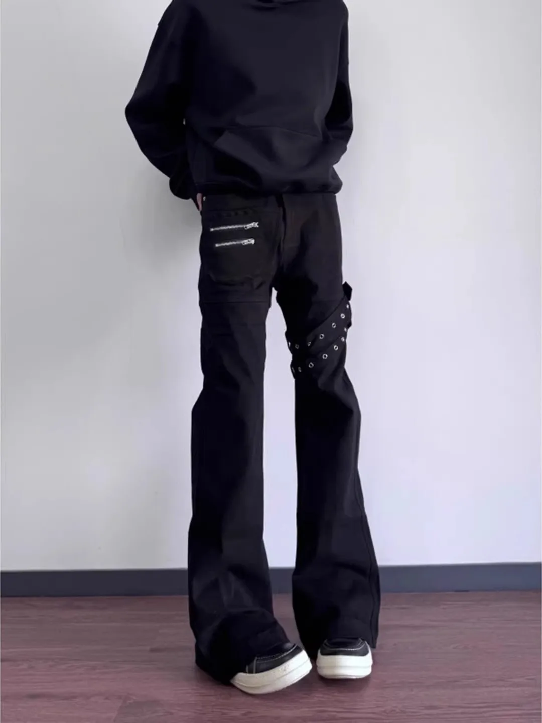

Black Belted Flared Straight Leg Jeans Men's Winter American High Street Style Slimming Workwear Trousers Cleanfit Wash