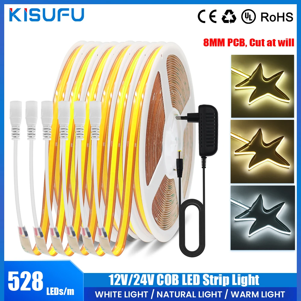 DC12V/24V COB LED Strip With EU Power Adapter 528LEDs/m Flexible Cut Freely COB Linear Light Bar 8MM PCB for Room Kitchen Decor