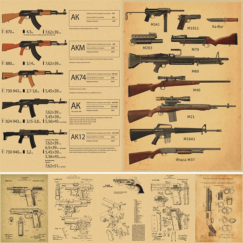 Retro Weapon Gun Posters Kraft Paper Prints Poster Military Fans Rifles Vintage Home Room Club Aesthetic Art Wall Decor Painting