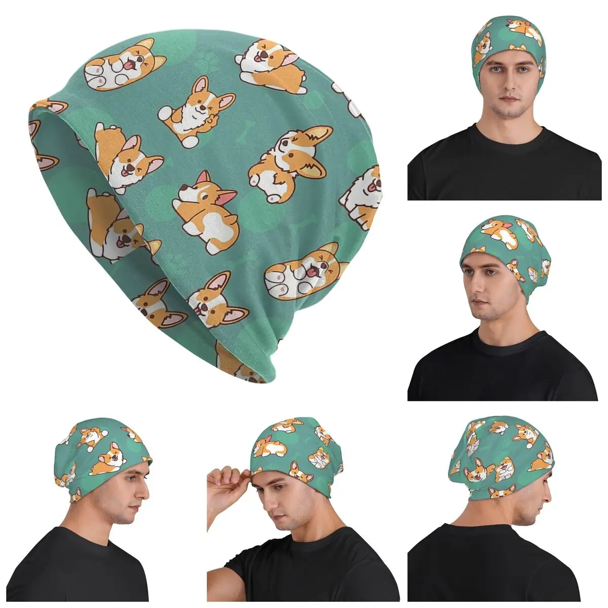 

Corgi Puppy Fun - Green Warm Knitted Cap Hip Hop Bonnet Hat Autumn Winter Outdoor Beanies Hats for Unisex Adult