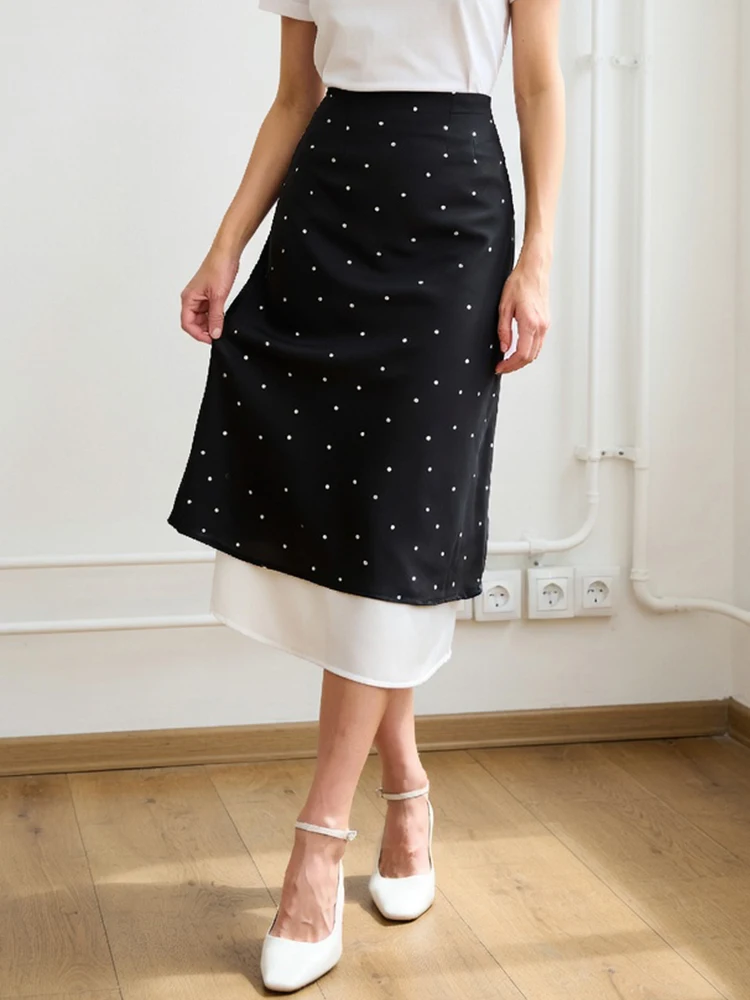 Trendix Dot Print Elegant Skirt Women 2026 Summer High Waist Slim Patchwork Side Midi Skirt Vacation Casual Party Evening Skirt