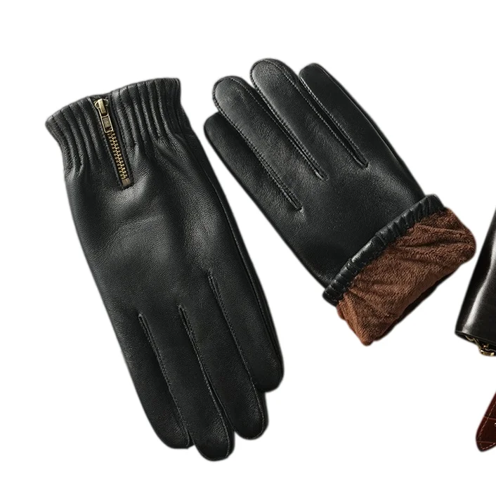 Winter Thicken Warm Retro Gloves Black Natural Sheepskin Leather Gloves Men Genuine Leather Zipper Touchscreen Driving Glove - view 3
