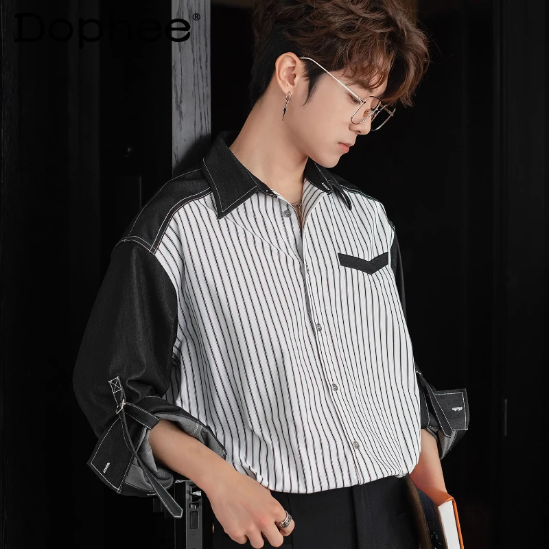 

2025 Spring Autumn New Men's Clothing High-end Contrast Color Denim Splicing Striped Long Sleeve Shirts Men's Lapel Fashion Tops