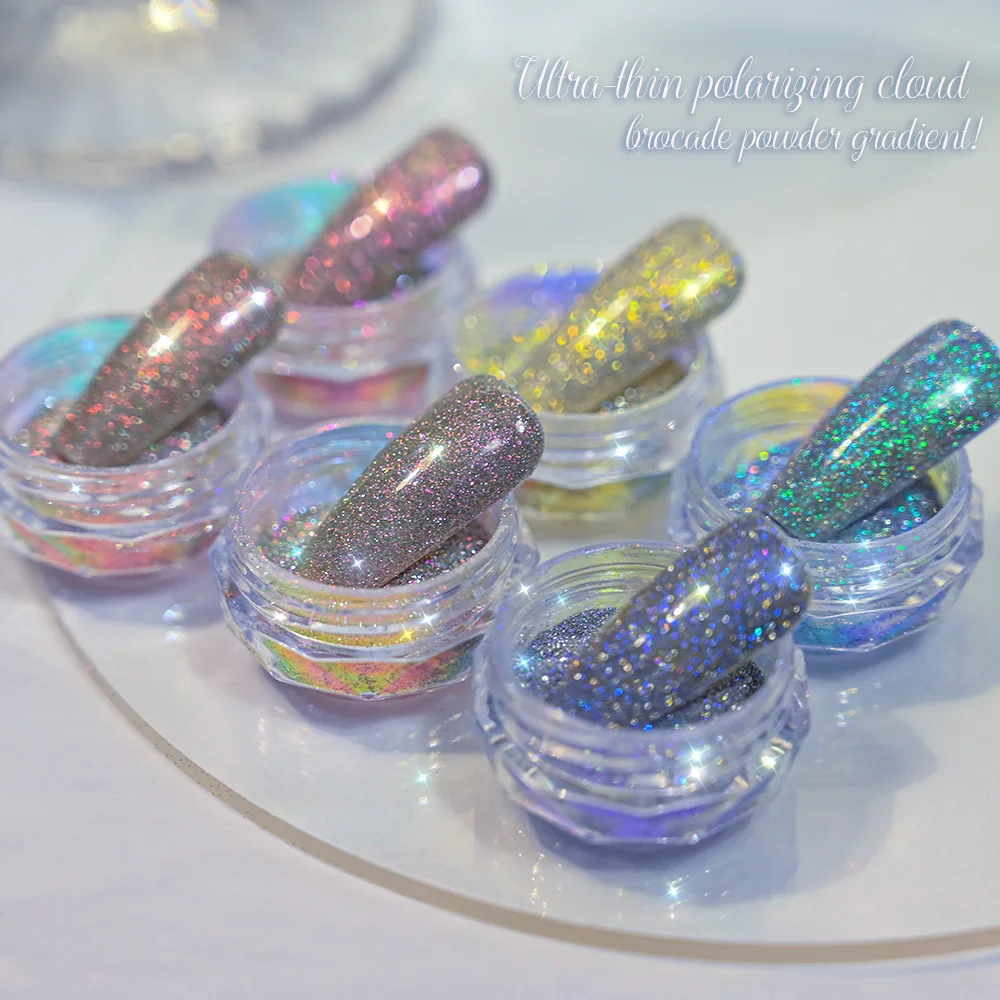 0,3 g/Box Aurora Crushed Diamond Glitter Nail Art Pulver Ultradünne polarisierte Chamäleon Chrom Pigment Holo Maniküre Reibstaub