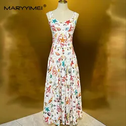 MARYYIMEI Summer Women's Suit Square-Neck Sexy Spaghetti Strap Backless Tops+Pleated Skirt Elegant Print Cotton Two Piece Set