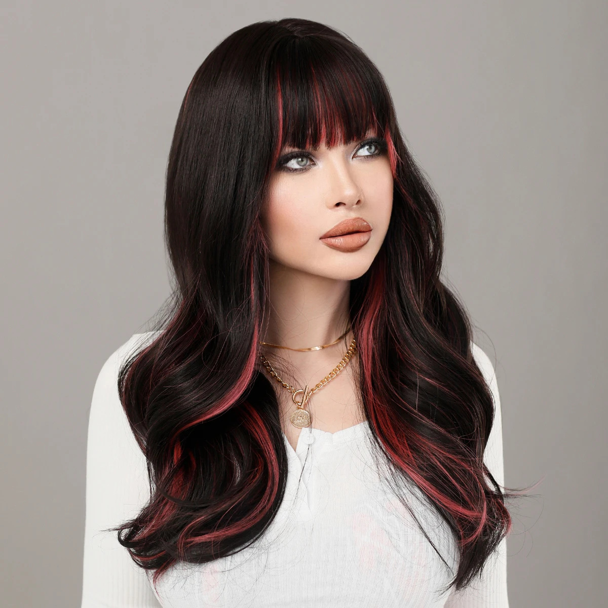 NAMM Long Wavy Highlight Wine Red Wig with Bangs for Women Daily Party New Trend Synthetic Black Curly Wig Heat Resistant Fiber