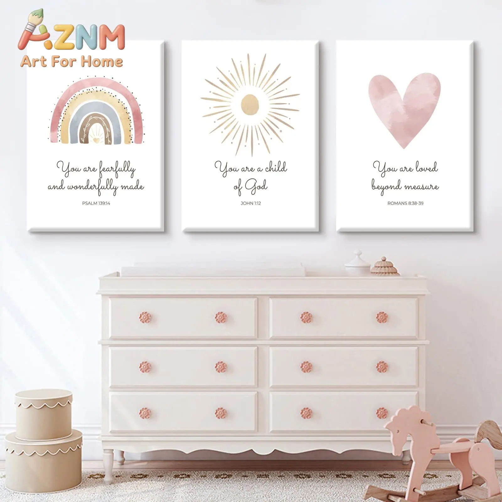 AZNM Bible Verse Canvas Wall Art Rainbow Sun Heart Inspirational Religious Quote Frameless Canvas Painting Nursery Kids Room Hom