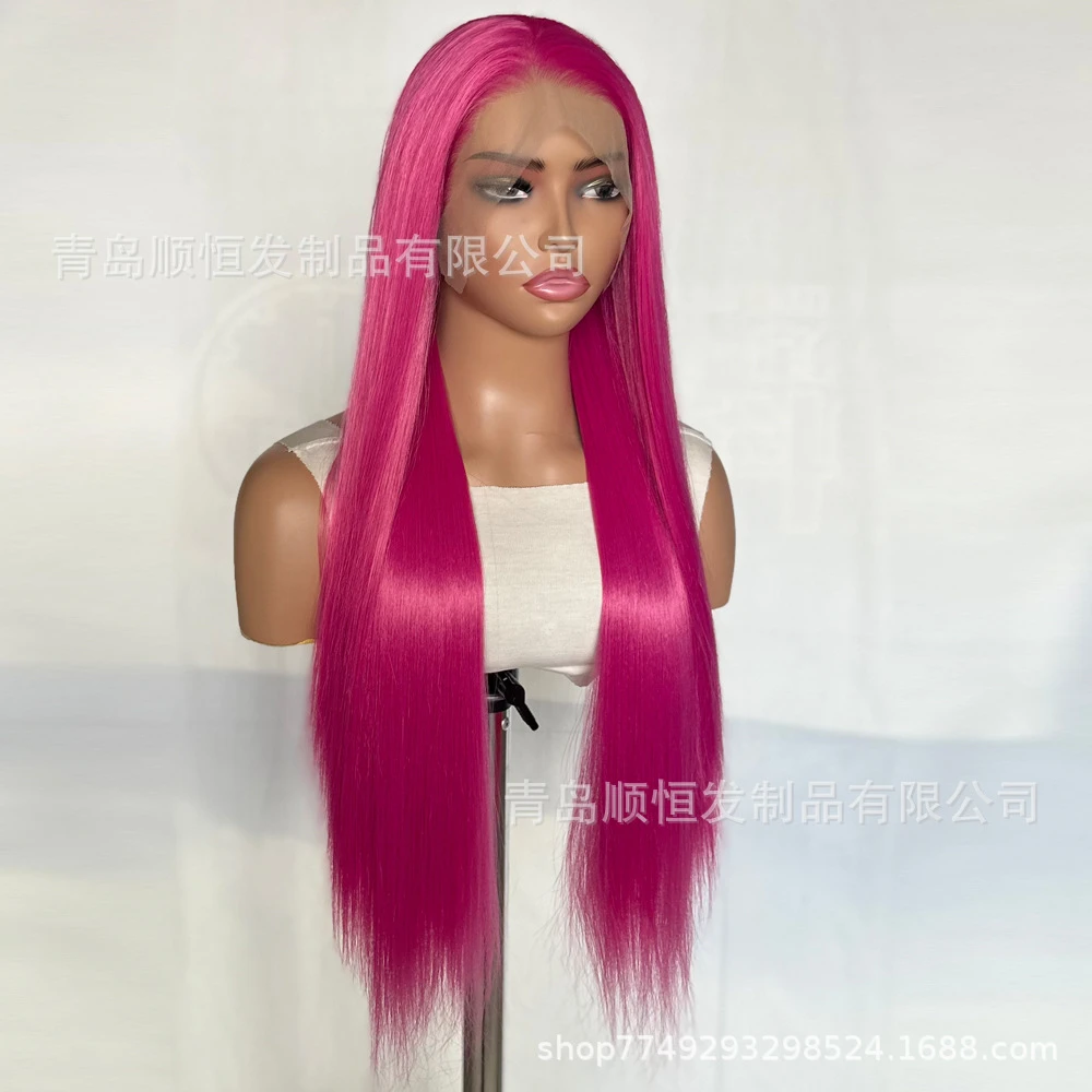 باروكة أوروبية وأمريكية، دانتيل أمامي، شعر مستقيم طويل أحمر وردي، مناسب للعب الأدوار للنساء اليوميات