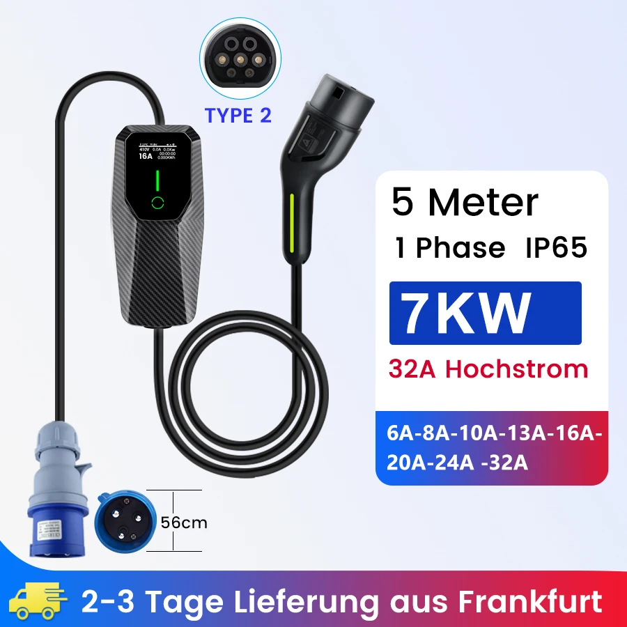 Type 2 EV charging cable 32A 7kW 1 Phase 5Meters IP65 Electric Car PHEV CEE charger Wallbox EU 5m