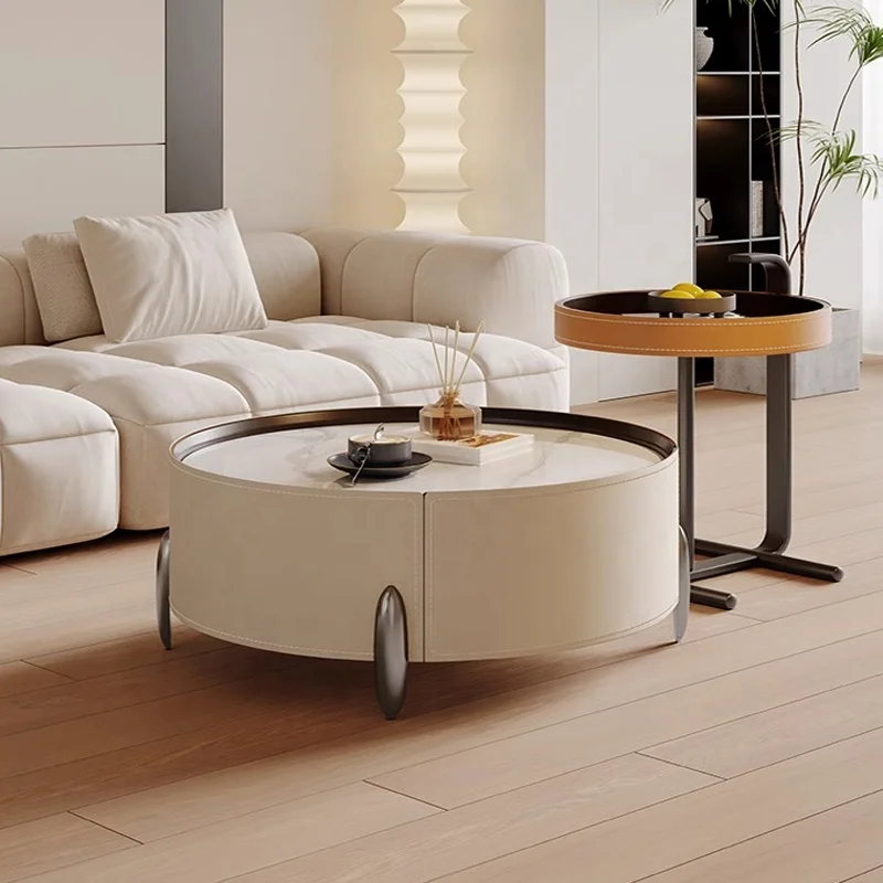 

Modern Home Furniture Living Room Chesterfield Sofa Coffee Table with Drawers Villa Round Coffee Table Side Table Set