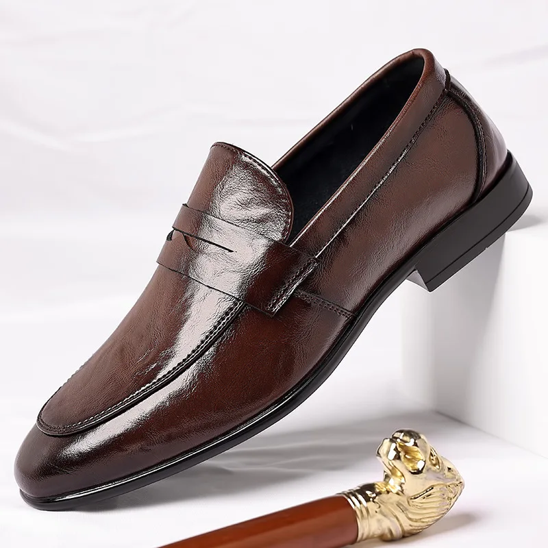 Dedo apontado masculino sapatos de couro, sapatos de deslizamento, sapatos de luxo, festa formal, escritório, casamento, estilo italiano, moda