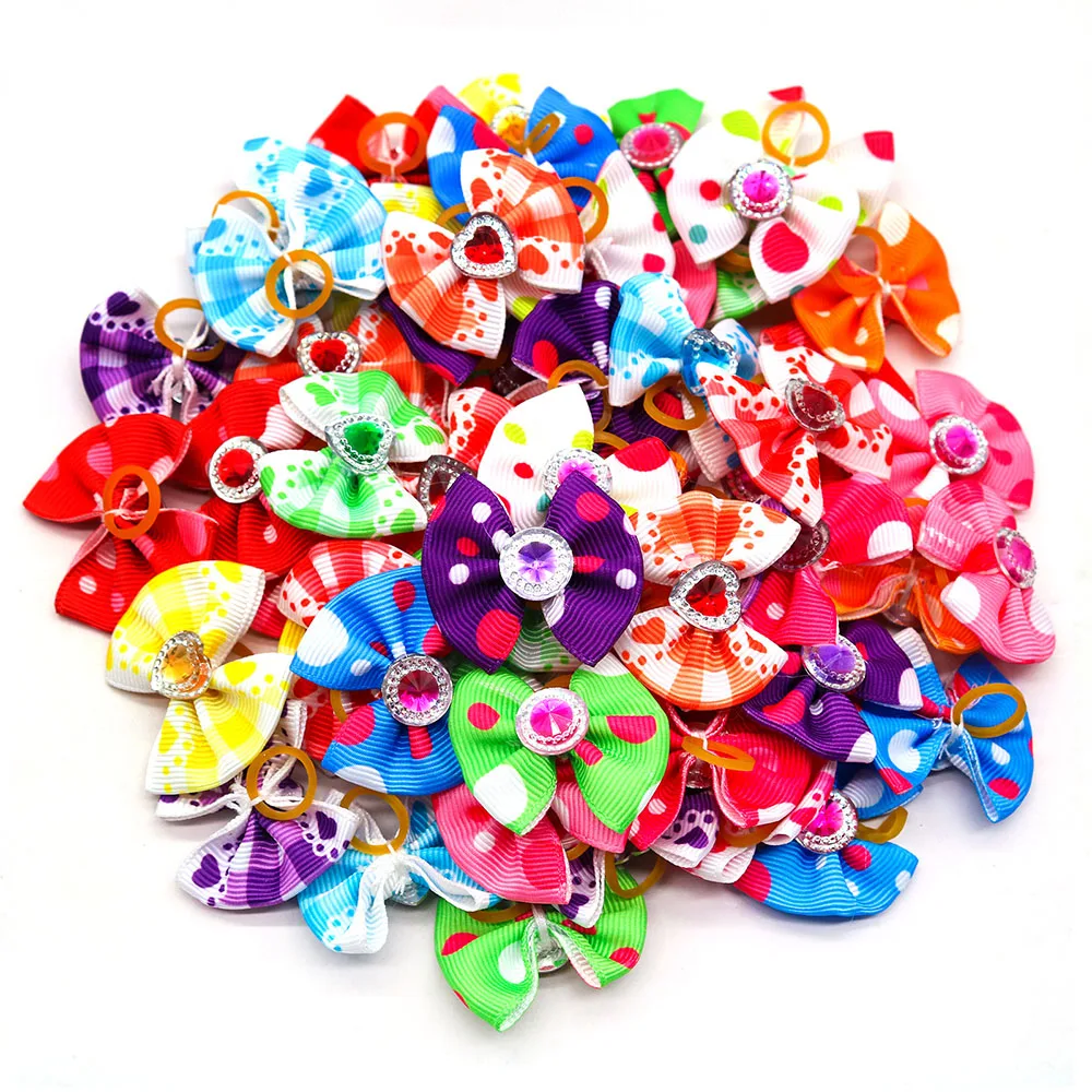 New Dog Grooming Bows Mix Plaid Dot Cat Dog Hair Bows Dog Hair Rubber Bands for Small Dog Cats Grooming Accessories Pet Supplies